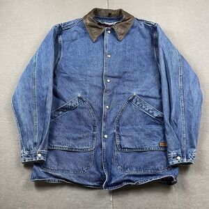 Vintage Woolrich Jacket Mens Medium Blue Denim Chore Coat Wool Lined USA Leather